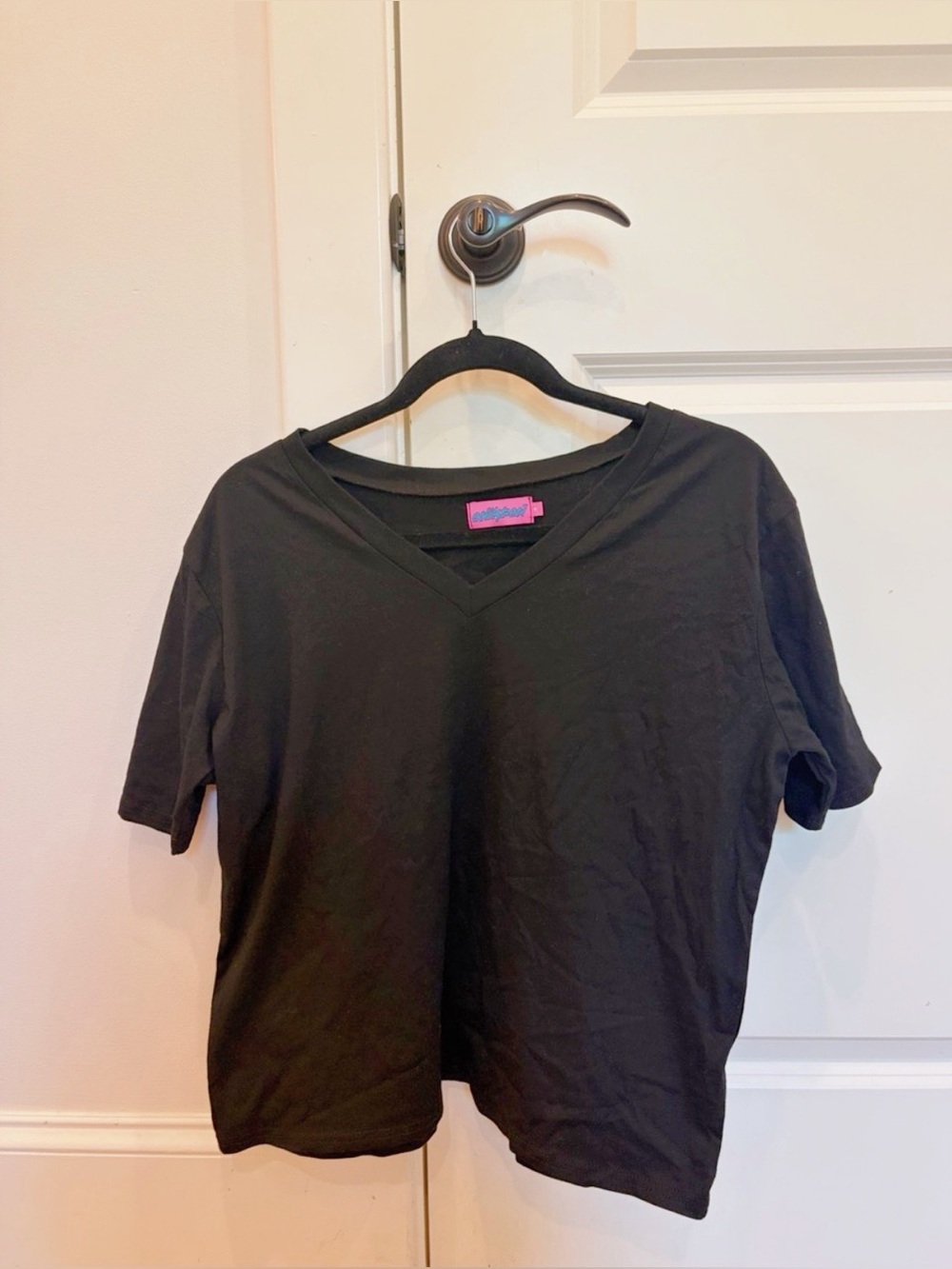 EDIKTED Black V Neck Tee with Pink Label